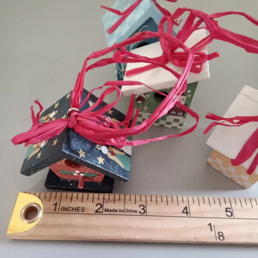 Vintage Christmas Birdhouse Ornaments Set of 4 Hand Painted Wood CCB-BRD Multi